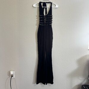 Black Halter Lace-Up Evening Jumpsuit